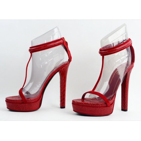 GUCCI SHOES LEIGHT CROCODILE LEATHER T-STRAP PLATFORM SANDALS sz 37.5 7.5 - Picture 3 of 8